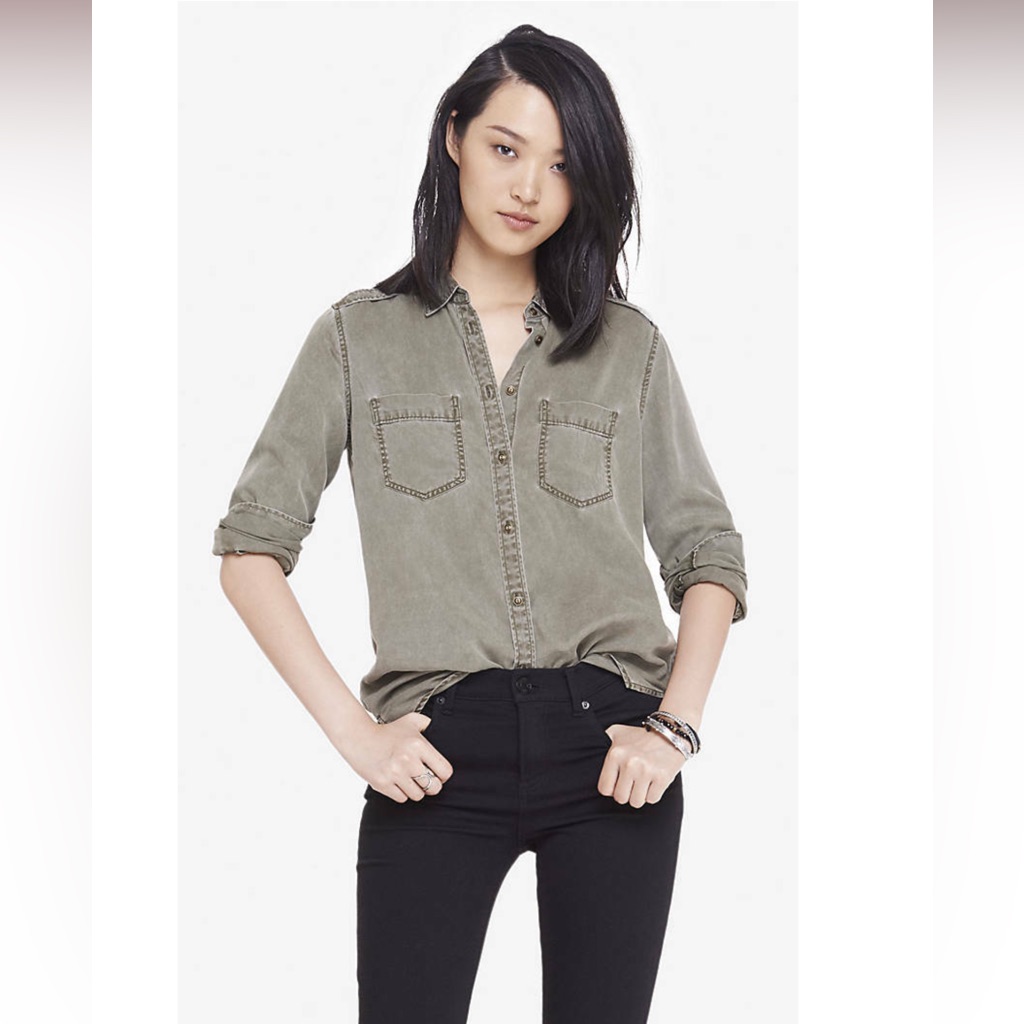 Express Soft Twill Boyfriend Shirt 100% Lyocell Grey Olive
